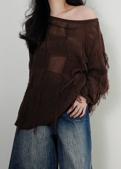 Unique Coffee O-Neck Asymmetrical Tassel Patchwork Cotton Knit Sweater Tops Winter