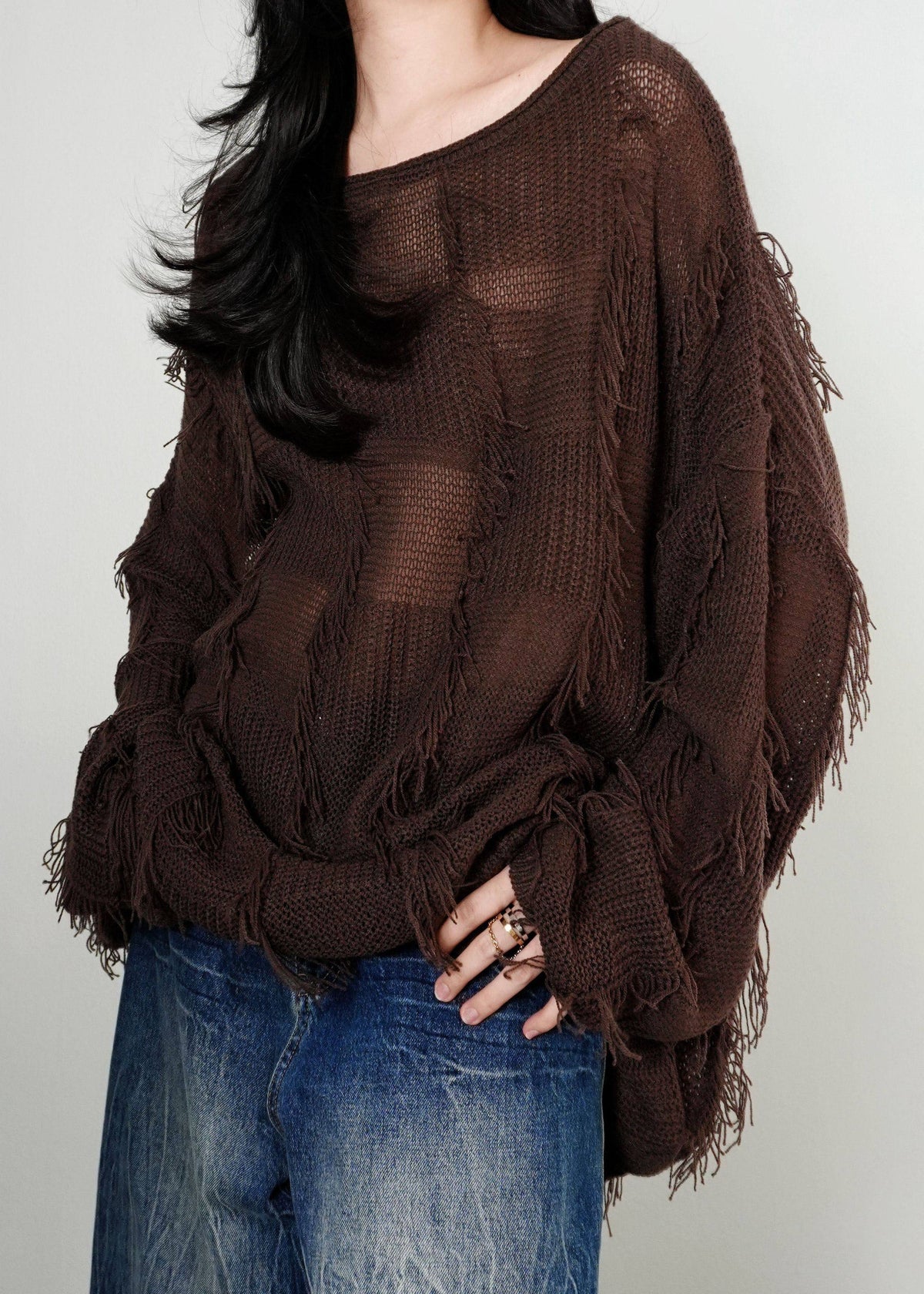 Unique Coffee O-Neck Asymmetrical Tassel Patchwork Cotton Knit Sweater Tops Winter