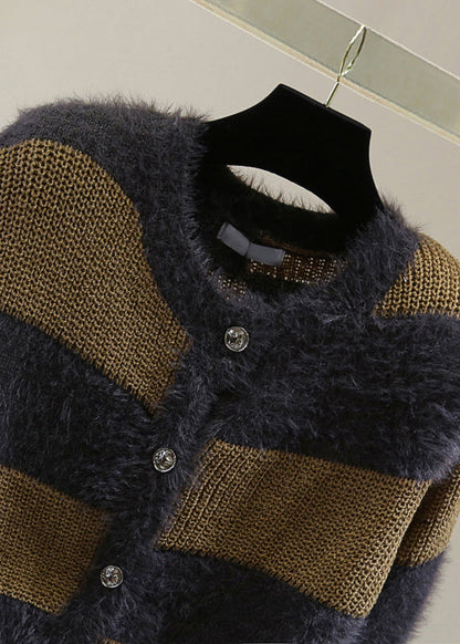 Unique Coffee O-Neck Striped Hole Ma Hai Mao Cotton Knit Sweater Winter