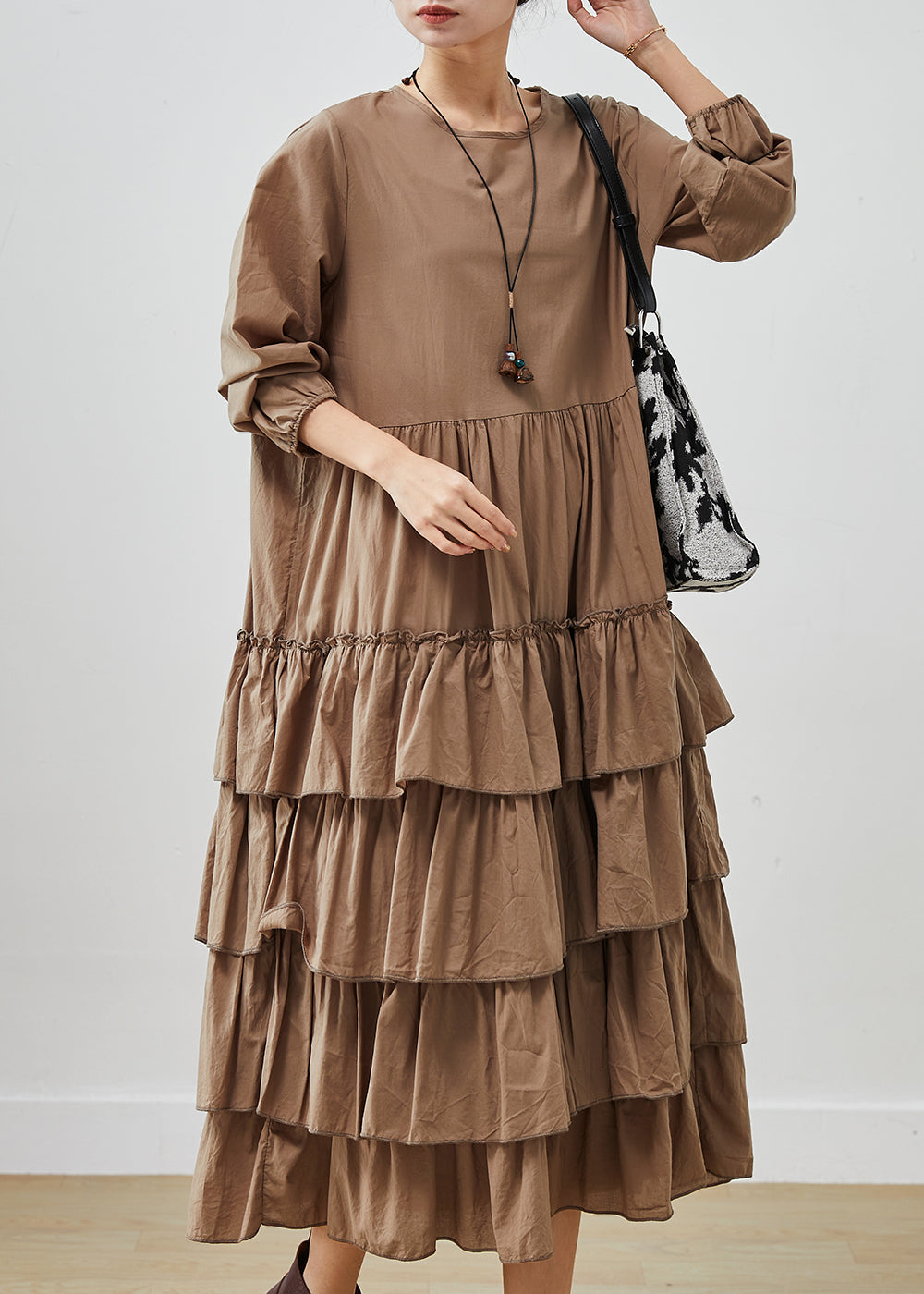 Unique Coffee Oversized Patchwork Cotton Dress Spring