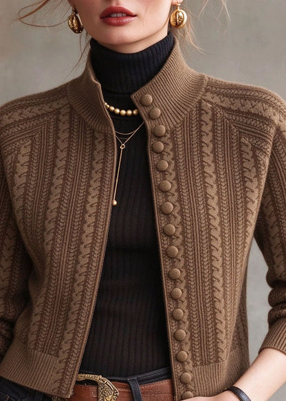 Unique Coffee Stand Collar Print Button Cotton Knit Cardigans Long Sleeve