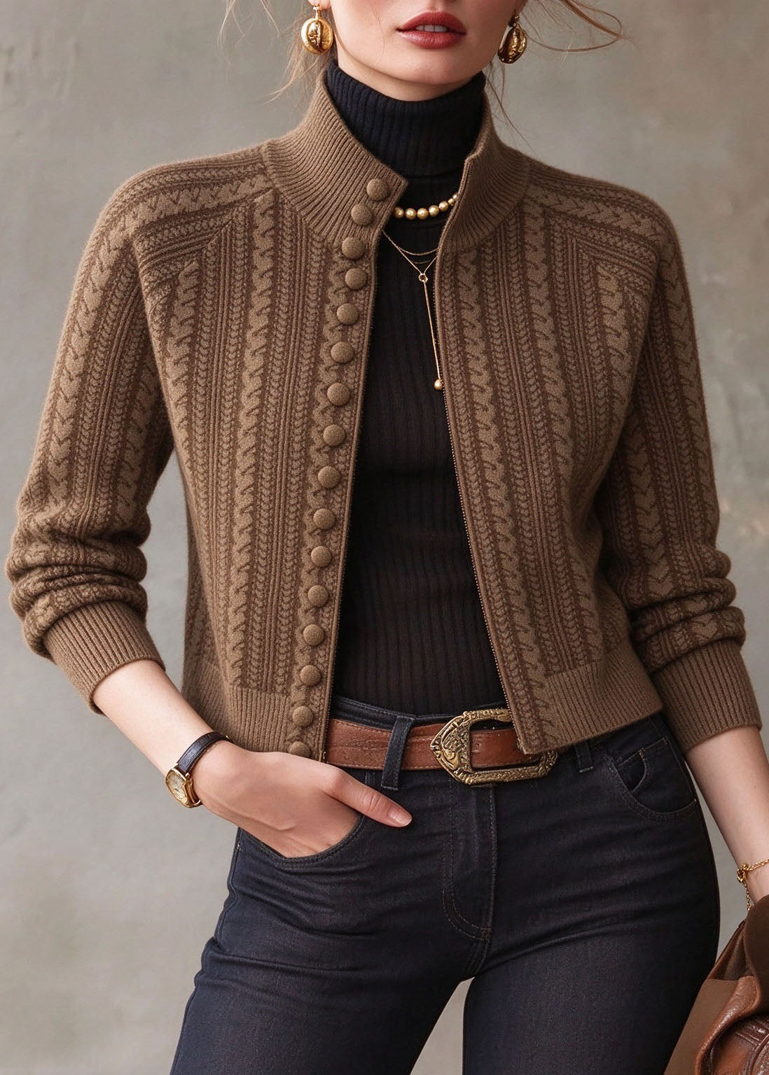 Unique Coffee Stand Collar Print Button Cotton Knit Cardigans Long Sleeve