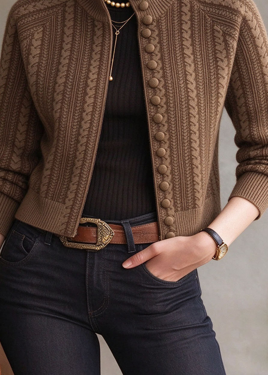Unique Coffee Stand Collar Print Button Cotton Knit Cardigans Long Sleeve