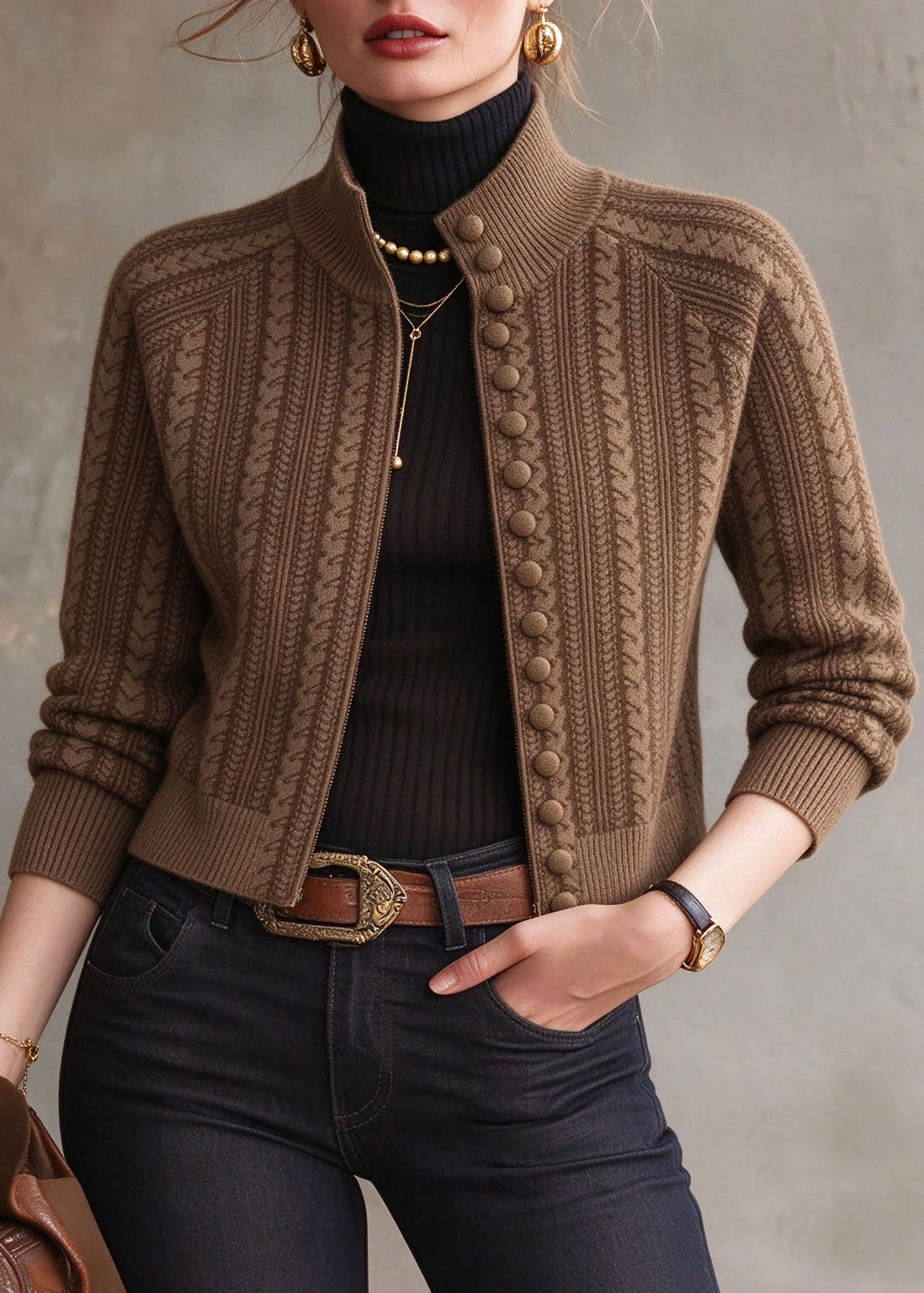 Unique Coffee Stand Collar Print Button Cotton Knit Cardigans Long Sleeve