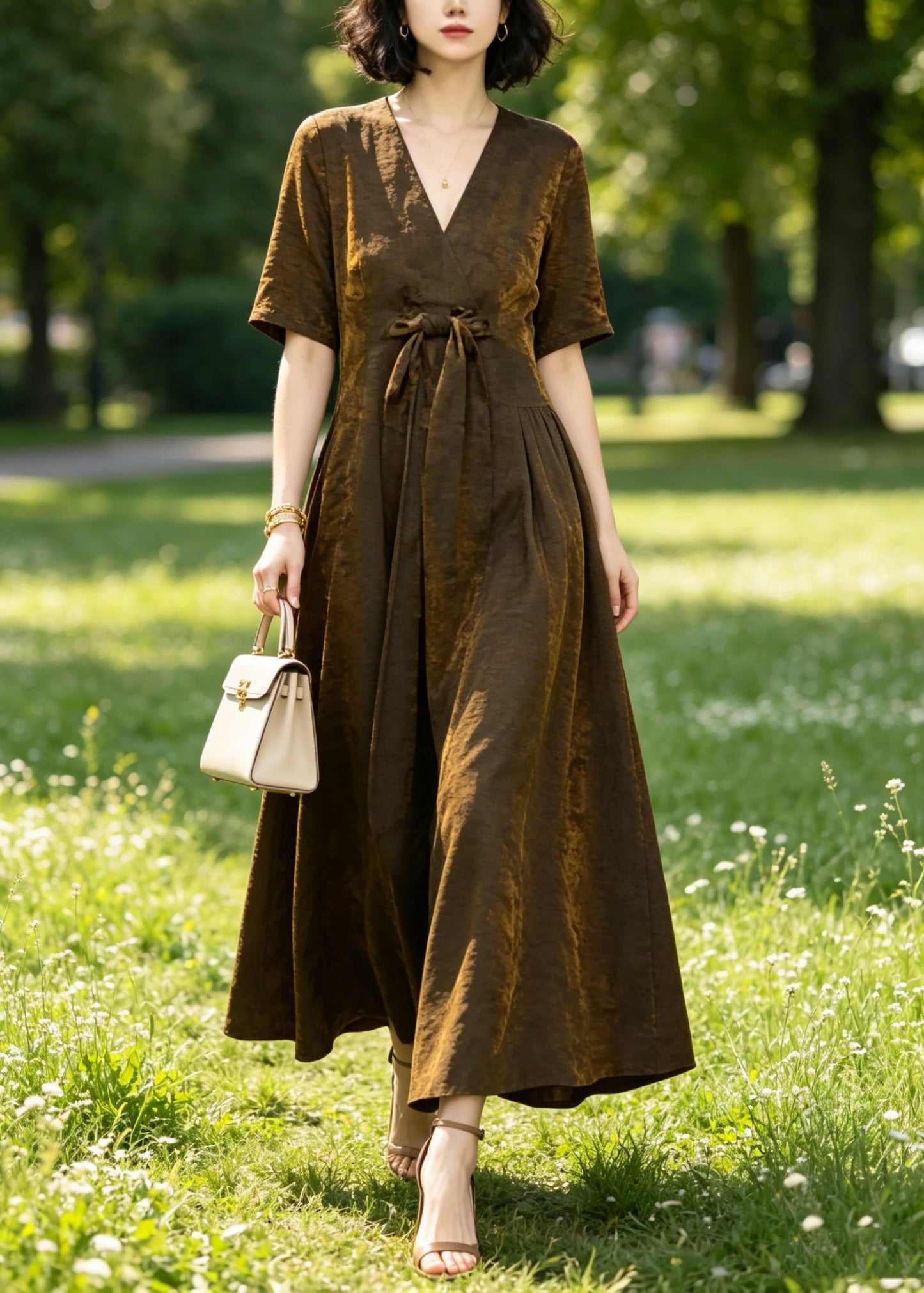 Unique Coffee V Neck Bow Patchwork Silk Long Dresses Summer