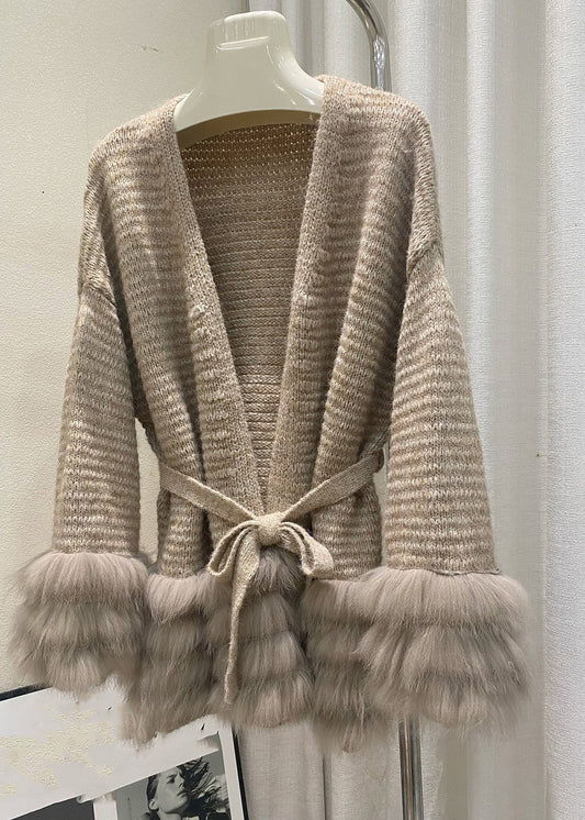 Unique Coffee V Neck Fox Patchwork Cotton Knit Cardigans Spring