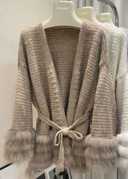 Unique Coffee V Neck Fox Patchwork Cotton Knit Cardigans Spring