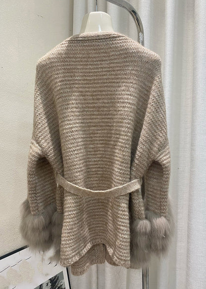 Unique Coffee V Neck Fox Patchwork Cotton Knit Cardigans Spring