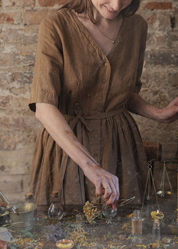 Unique Coffee V Neck Tie Waist Button Linen Dress Summer