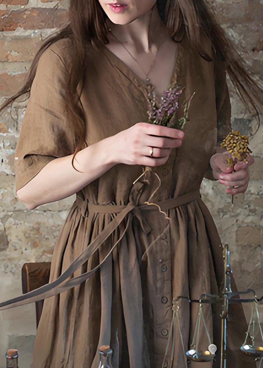 Unique Coffee V Neck Tie Waist Button Linen Dress Summer