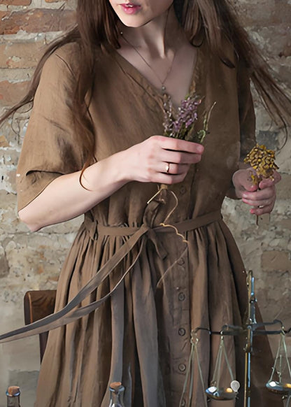 Unique Coffee V Neck Tie Waist Button Linen Dress Summer