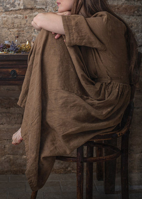Unique Coffee V Neck Tie Waist Button Linen Dress Summer