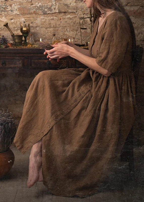 Unique Coffee V Neck Tie Waist Button Linen Dress Summer