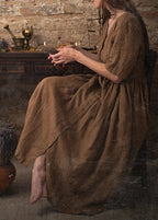 Unique Coffee V Neck Tie Waist Button Linen Dress Summer