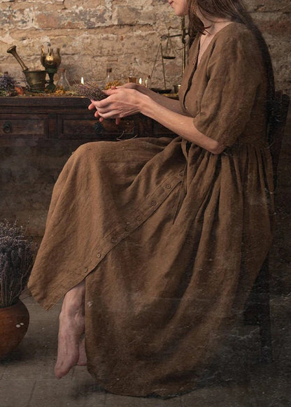 Unique Coffee V Neck Tie Waist Button Linen Dress Summer