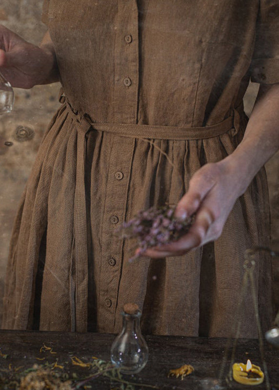 Unique Coffee V Neck Tie Waist Button Linen Dress Summer