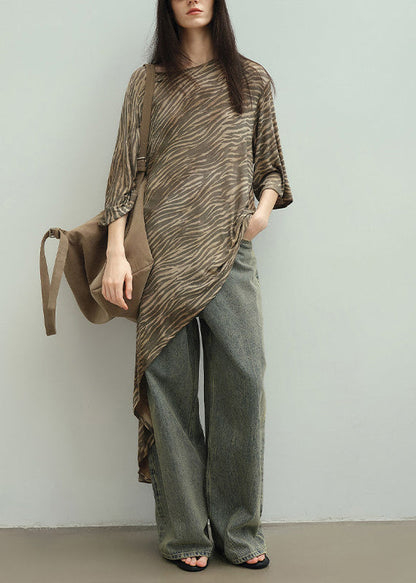 Unique Coffee Zebra Pattern Asymmetrical Cotton Top Summer