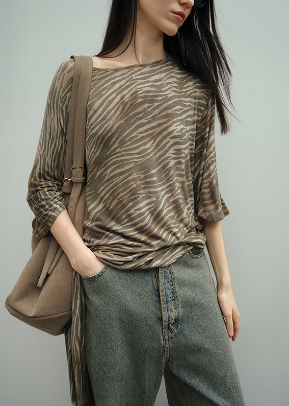 Unique Coffee Zebra Pattern Asymmetrical Cotton Top Summer
