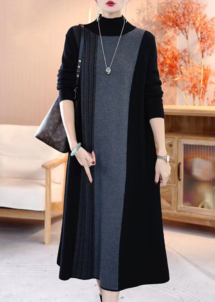 Unique Colorbloc Turtleneck Cotton Knit Long Sweater Dress Winter