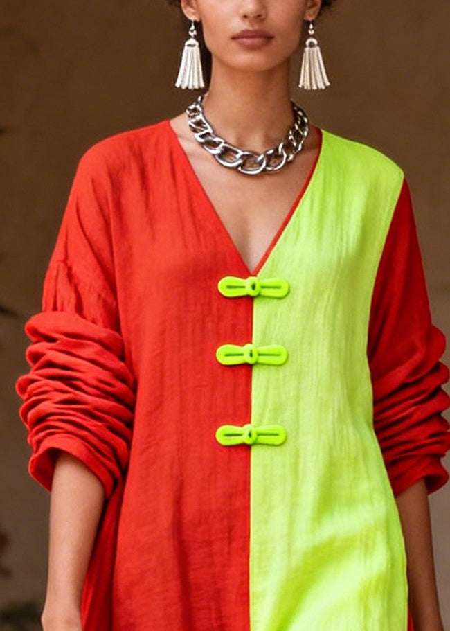 Unique Colorblock Asymmetrical Patchwork Cotton Vacation Dresses Long Sleeve
