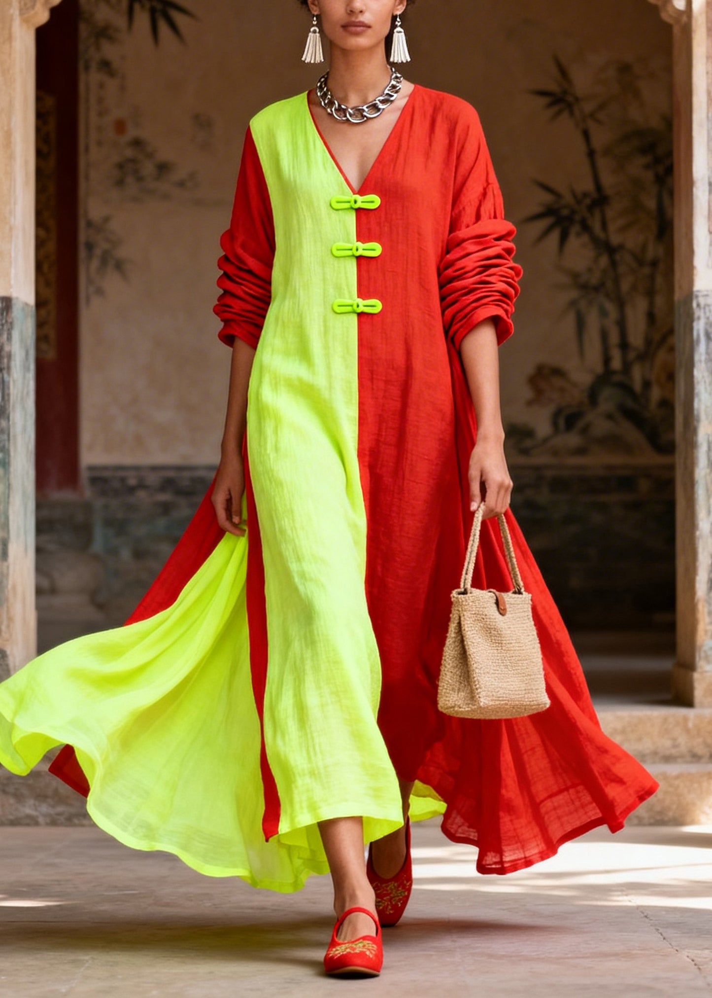 Unique Colorblock Asymmetrical Patchwork Cotton Vacation Dresses Long Sleeve