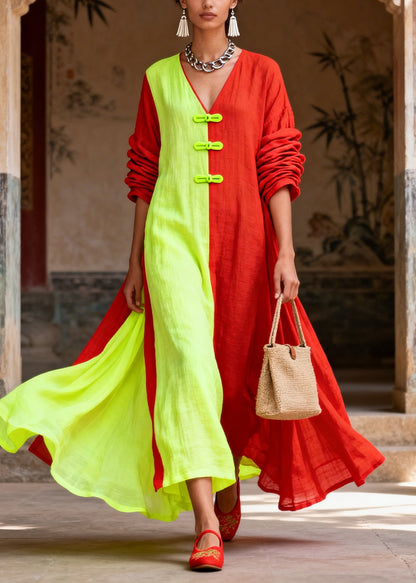 Unique Colorblock Asymmetrical Patchwork Cotton Vacation Dresses Long Sleeve