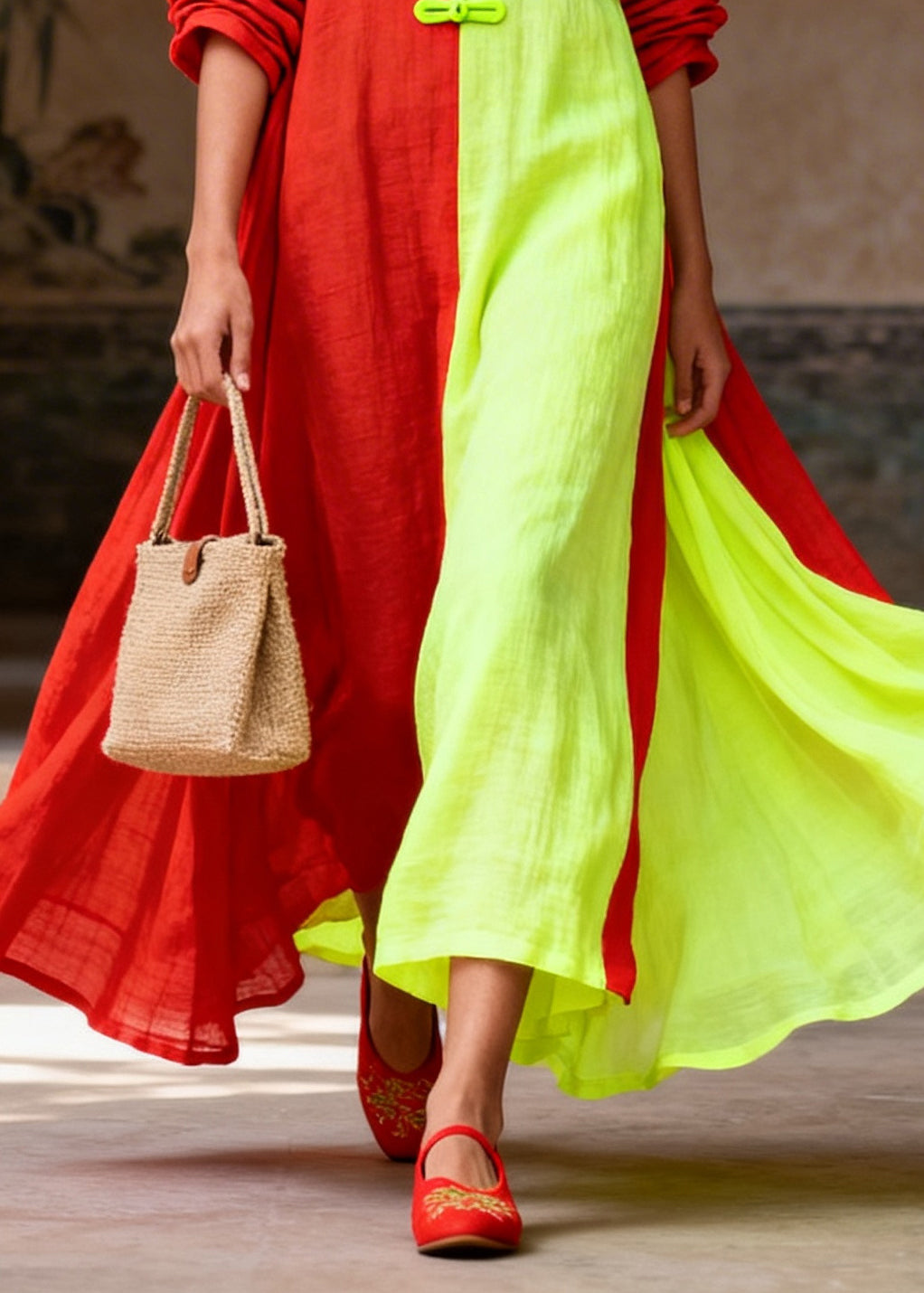 Unique Colorblock Asymmetrical Patchwork Cotton Vacation Dresses Long Sleeve