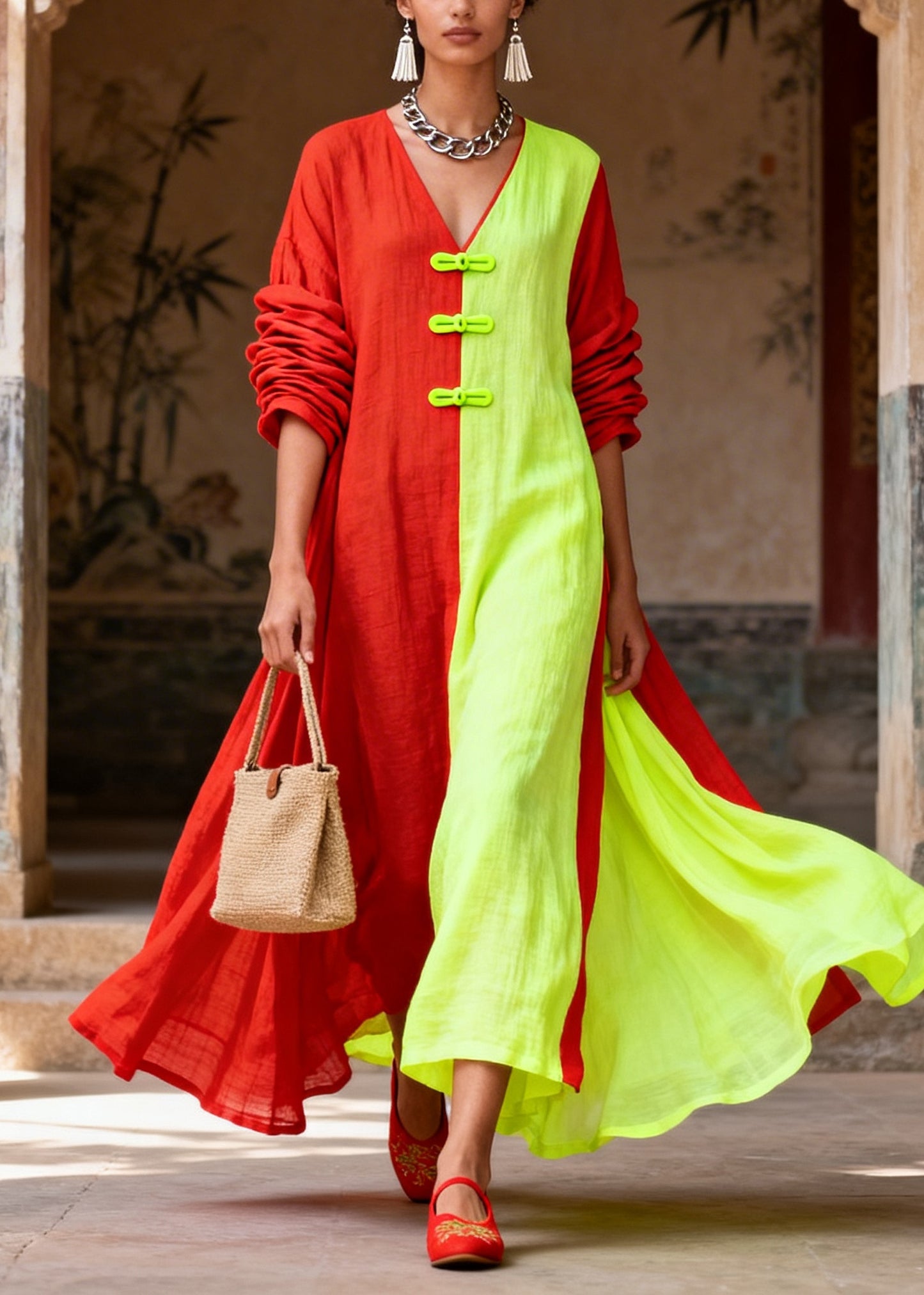 Unique Colorblock Asymmetrical Patchwork Cotton Vacation Dresses Long Sleeve
