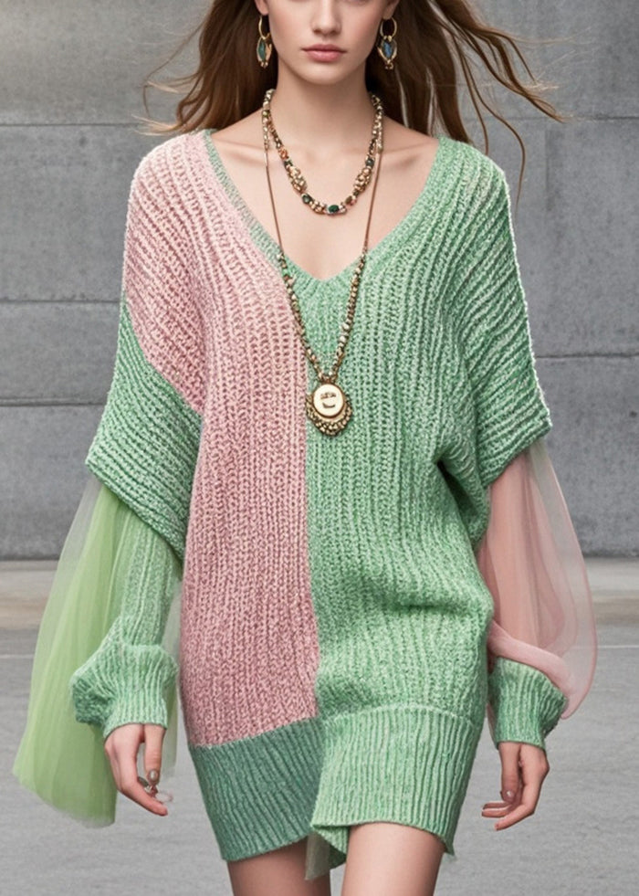 Unique Colorblock Asymmetrical Patchwork Tulle Long Sweater Batwing Sleeve