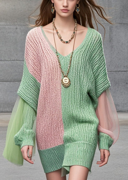 Unique Colorblock Asymmetrical Patchwork Tulle Long Sweater Batwing Sleeve