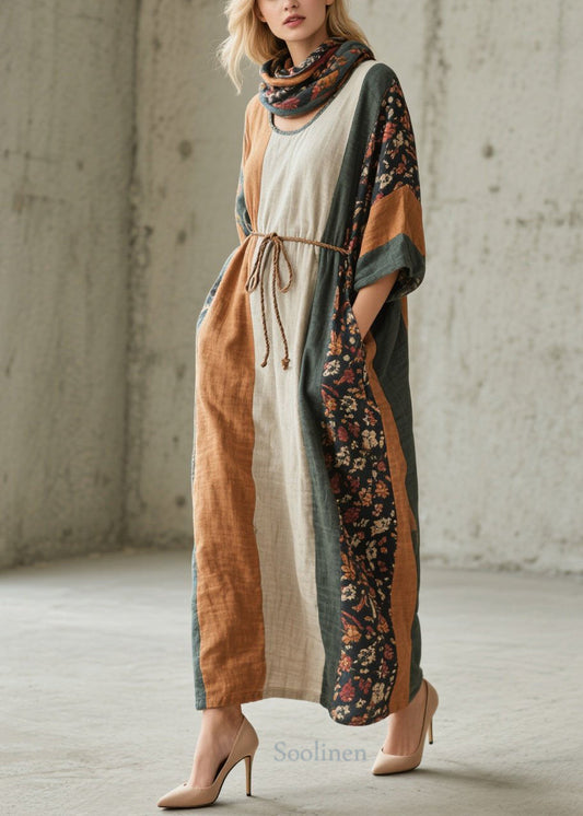 Unique Colorblock O Neck Print Cotton Long Dress Fall