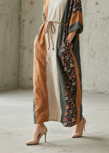 Unique Colorblock O Neck Print Cotton Long Dress Fall