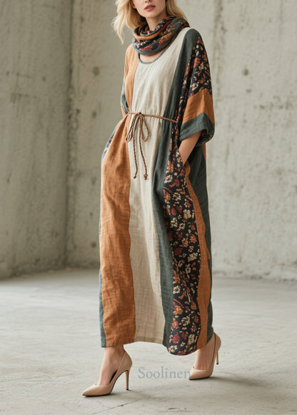 Unique Colorblock O Neck Print Cotton Long Dress Fall