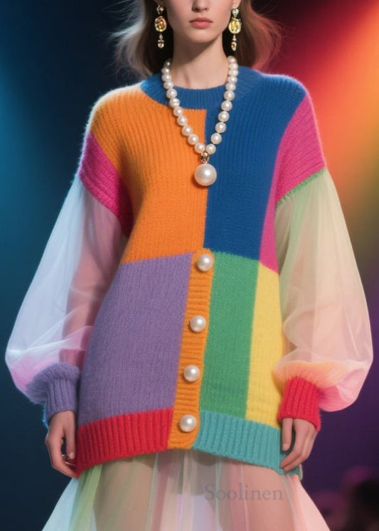 Unique Colorblock O Neck Tulle Patchwork Knit Sweater Fall
