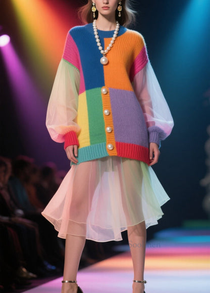 Unique Colorblock O Neck Tulle Patchwork Knit Sweater Fall