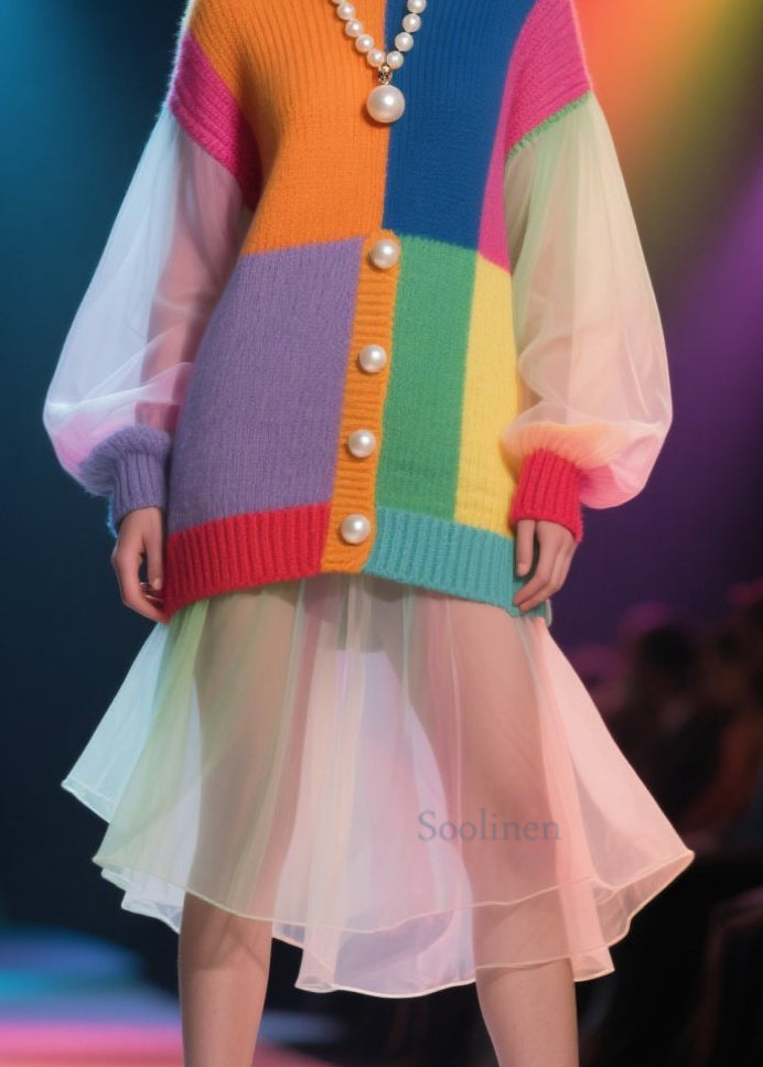 Unique Colorblock O Neck Tulle Patchwork Knit Sweater Fall