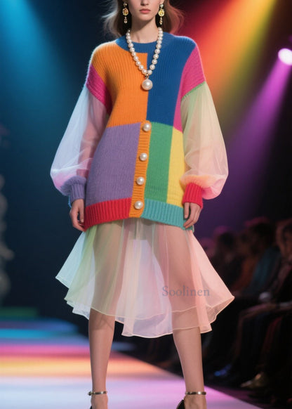 Unique Colorblock O Neck Tulle Patchwork Knit Sweater Fall