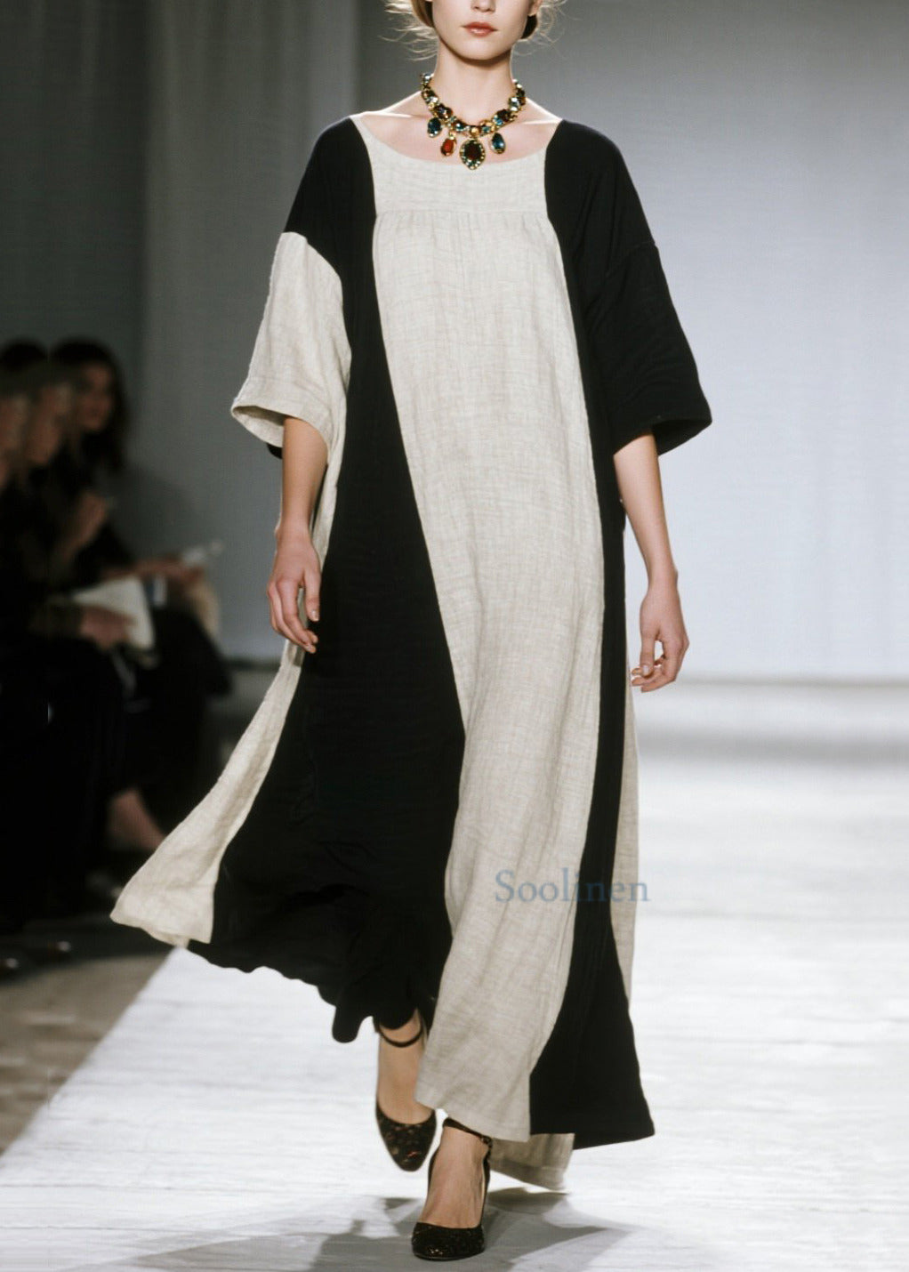 Unique Colorblock Oversized Patchwork Cotton Ankle Dress Half Sleeve