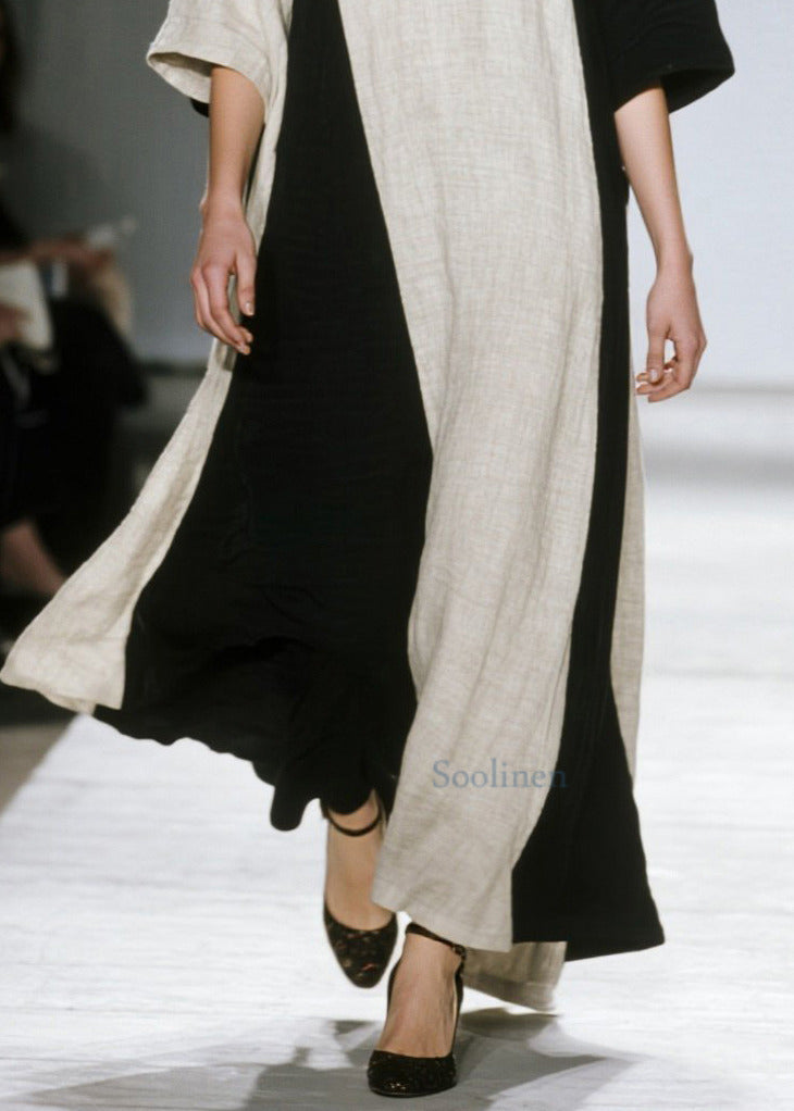 Unique Colorblock Oversized Patchwork Cotton Ankle Dress Half Sleeve