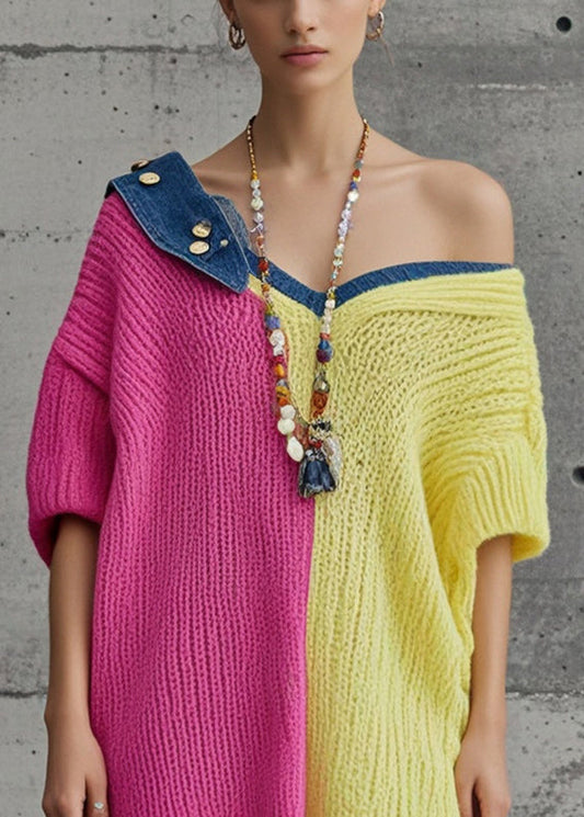Unique Colorblock Oversized Patchwork Denim Knit Dress Fall