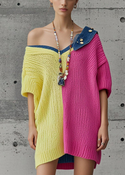 Unique Colorblock Oversized Patchwork Denim Knit Dress Fall
