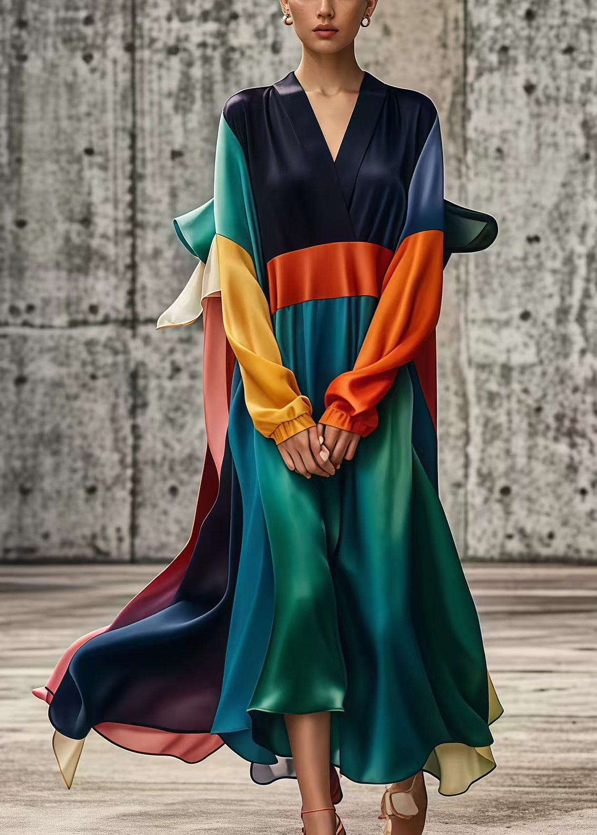 Unique Colorblock Oversized Patchwork Draping Silk Vacation Dresses Fall