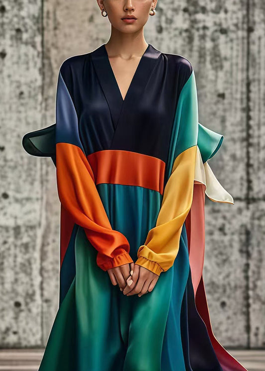 Unique Colorblock Oversized Patchwork Draping Silk Vacation Dresses Fall