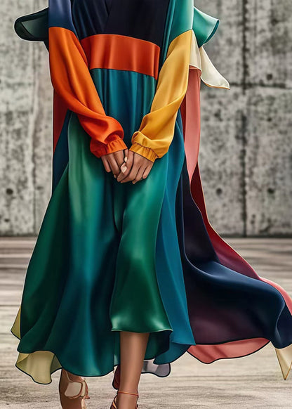 Unique Colorblock Oversized Patchwork Draping Silk Vacation Dresses Fall