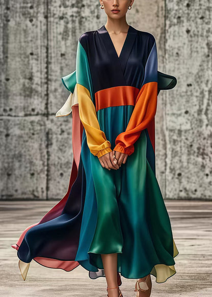 Unique Colorblock Oversized Patchwork Draping Silk Vacation Dresses Fall