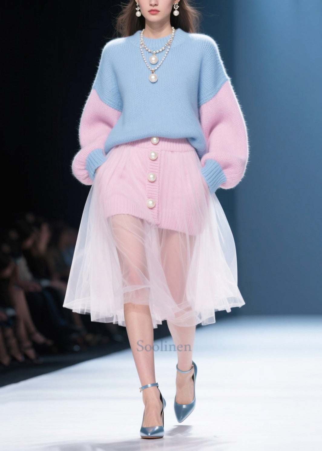 Unique Colorblock Oversized Patchwork Tulle Knitwear Dress Winter