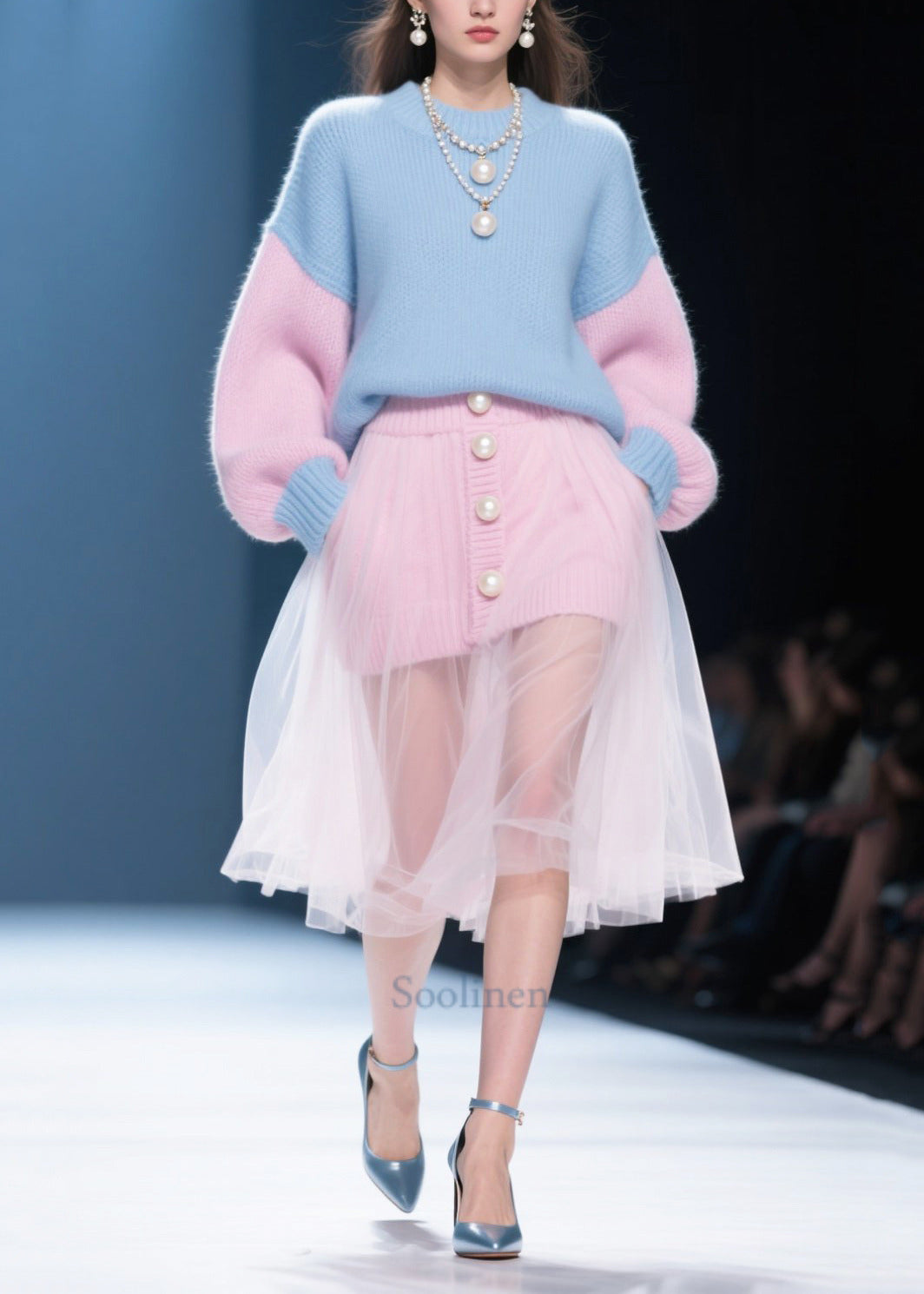 Unique Colorblock Oversized Patchwork Tulle Knitwear Dress Winter