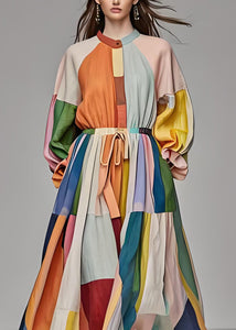 Unique Colorblock Stand Collar Drawstring Cotton Maxi Dress Long Sleeve