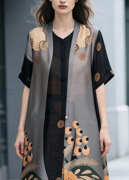 Unique Colorblock Stand Collar Patchwork Print Chiffon 2 Piece Outfit Summer