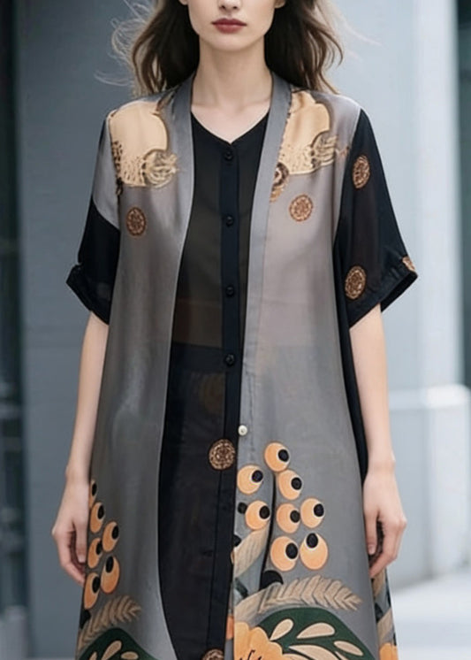 Unique Colorblock Stand Collar Patchwork Print Chiffon 2 Piece Outfit Summer